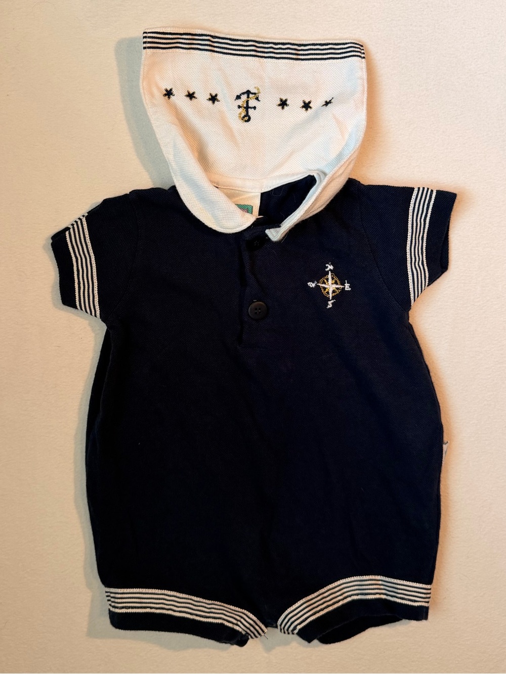 Vintage Navy & White Sailor-Style Baby Romper